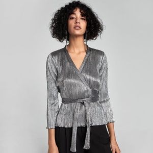 Zara Metallic Silver Wrap Top Size M NWT!